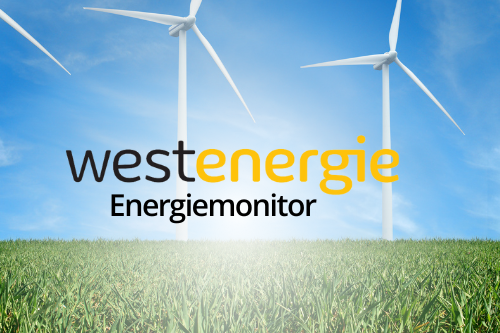 3 Windräder vor blauem Himmel auf grüner Wiese, Logo Westenergie, Schriftzug "Energiemonitor"