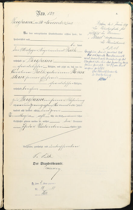 Geburtsurkunde von 1882 mit Frakturschrift und alter Handschrift